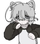  1other @_@ ahoge androgynous animal_ears blush closed_mouth commentary dot_mouth drugs_neko fish_hair_ornament grey_eyes grey_hair hair_between_eyes hair_ornament hairclip hands_up highres huge_ahoge long_sleeves looking_at_viewer no_nose original paw_pose sad short_hair sleeves_past_wrists solo sweater symbol-only_commentary tearing_up upper_body white_background 