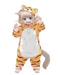  1girl 40hara animal_costume animal_ears animal_print barefoot cat_ears cat_tail fang green_eyes grey_hair highres hood kinako_(40hara) open_mouth original paw_pose solo tail tiger_costume tiger_print toes 