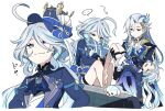 1boy 1girl :3 ahoge ascot black_gloves blue_ascot blue_eyes blue_hair carrying closed_eyes closed_mouth couch feather_hair_ornament feathers furina_(genshin_impact) genshin_impact gloves hair_ornament highres hugging_object leisurely_otter_(genshin_impact) long_hair long_sleeves low_twintails multicolored_hair murji1996 neuvillette_(genshin_impact) open_mouth pillow pillow_hug pointy_ears princess_carry sad shorts simple_background sleeping smile smug streaked_hair thigh_strap twintails very_long_hair white_ascot white_background white_gloves white_hair white_shorts 