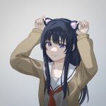  1girl animal_ears arms_up black_gloves black_hair brown_cardigan cardigan cat_ears closed_mouth collarbone commentary_request fake_animal_ears gloves grey_background grey_shirt highres koe_no_katachi lcwe long_hair long_sleeves looking_at_viewer neckerchief open_cardigan open_clothes puffy_long_sleeves puffy_sleeves purple_eyes red_neckerchief sailor_collar school_uniform serafuku shirt simple_background sleeves_past_wrists smile solo ueno_naoka upper_body very_long_hair white_sailor_collar 