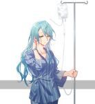  1girl absurdres aqua_hair arm_behind_head bang_dream! blue_bracelet chinese_commentary collarbone commentary_request cowboy_shot green_eyes grey_background hair_between_eyes highres hikawa_sayo hospital_gown intravenous_drip iv_stand long_hair looking_at_viewer parted_bangs parted_lips solo walluka white_background wide_sleeves 