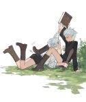  2boys aged_down black_shorts blue_eyes book brothers brown_footwear child dante_(devil_may_cry) devil_may_cry_(series) gougougougou highres holding holding_book knee_up multiple_boys on_grass shorts siblings twins vergil_(devil_may_cry) white_hair 