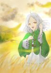  1girl :d absurdres ahoge capelet cloud dress elf es_limi green_capelet hand_up highres looking_at_viewer medium_hair mushoku_tensei open_mouth orange_eyes outdoors pointy_ears smile solo sunset sylphiette_(mushoku_tensei) wheat white_dress white_hair 