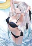  1girl alternate_costume armpits arms_up bikini black_bikini black_ribbon blue_eyes blue_hair breasts cleavage commentary fate/grand_order fate_(series) gradient_hair grey_hair hair_ribbon innertube long_hair looking_at_viewer medium_breasts morgan_le_fay_(fate) multicolored_hair partially_submerged ribbon solo swimsuit tte_(t_ombi) two-tone_hair very_long_hair water wet yellow_innertube 
