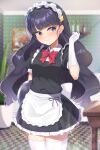  1girl alternate_costume apron arm_behind_back black_dress black_hair blue_eyes blunt_bangs blush bow closed_mouth delicious_party_precure dress elbow_gloves enmaided frilled_dress frills gloves hand_in_own_hair highres kasai_amane long_hair looking_to_the_side maid maid_apron maid_headdress meshiya_(naruga-501-kuaru) precure red_bow solo sweat thighhighs waist_apron waist_bow white_apron white_bow white_gloves white_thighhighs zettai_ryouiki 