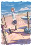  1girl beach black_cat blue_sky boat cat cloud feel_(nasitaki) highres horizon light_brown_hair loafers long_sleeves looking_back ocean original sailor_collar scenery school_uniform serafuku shoes short_hair sky socks sweater walking watercraft 