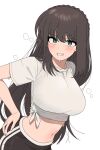  1girl black_pants blush braid breasts brown_hair commentary_request crown_braid grin hand_on_own_hip highres korean_commentary large_breasts long_hair looking_at_viewer looking_to_the_side midriff nakta navel original pants shirt simple_background smile solo steam sweatdrop tied_shirt very_long_hair white_background white_shirt 
