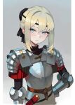  1girl armor belt black_headband black_shirt blonde_hair blue_eyes braid breastplate brown_belt closed_mouth commentary couter cropped_arms cuirass expressionless gemi_ningen grey_background hand_on_own_hip headband highres original outside_border pauldrons pillarboxed rerebrace scar scar_on_face scar_on_nose sheath shirt short_hair shoulder_armor sidelocks solo symbol-only_commentary turtleneck upper_body vambraces 