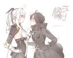  1girl 1other ahoge ambiguous_gender anger_vein black_bodysuit black_hair blush bodysuit breasts buttons commander_(punishing:_gray_raven) grey_hair hand_on_own_hip headgear karenina:_radiant_daybreak_(punishing:_gray_raven) karenina_(punishing:_gray_raven) long_sleeves mechanical_arms mechanical_hands medium_hair myam_(123ab456c) open_mouth orange_eyes parted_lips punishing:_gray_raven sidelocks single_mechanical_hand small_breasts sweatdrop translation_request twintails white_background white_bodysuit 