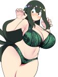  1girl alternate_breast_size asui_tsuyu bellupup blush boku_no_hero_academia bra breasts closed_mouth collarbone commentary_request green_bra green_eyes green_hair green_panties hair_between_eyes highres huge_breasts long_hair looking_at_viewer panties sanpaku simple_background solo thick_thighs thighs underwear underwear_only white_background 