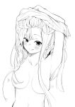  1girl armpits arms_up blush breasts closed_mouth completely_nude greyscale hair_over_breasts highres long_hair looking_at_viewer medium_breasts monochrome navel nude original sawada_kou simple_background smile solo undressing upper_body white_background 