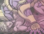  2boys blonde_hair hand_on_another&#039;s_thigh implied_sex jojo_no_kimyou_na_bouken kiss kissing_neck male_focus merumeru626 multiple_boys muted_color nude one_eye_closed scar scar_on_neck spread_legs stand_(jojo) stardust_crusaders stitched_neck stitches the_world yaoi 