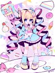  1girl absurdres blonde_hair blue_bow blue_dress blue_eyes blue_hair blue_socks blush bow cake cake_slice chouzetsusaikawa_tenshi-chan closed_mouth collared_dress doughnut dress finger_to_mouth food fork fruit full_body hair_bow hair_ornament hand_up heart heart_hair_ornament highres holding holding_fork ice_cream_cone long_hair long_sleeves looking_at_viewer m1yosy macaron multicolored_hair multiple_hair_bows needy_girl_overdose oversized_object pink_bow pink_hair plate quad_tails shoes smile socks solo standing strawberry sweets_paradise swiss_roll twintails twitter_username very_long_hair white_bow white_footwear yellow_bow 