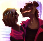  ambiguous_gender anthro bone brown_body brown_fur brown_hair claws clothing drawfee_(copyright) fur hair hi_res humanoid_hands hyena jacket jacob_fursona mammal mane sharp_claws sharp_teeth skull smile solo teeth topwear xicheo 