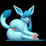  3d_(artwork) anus big_butt big_ears black_background blue_eyes butt digital_media_(artwork) eeveelution female feral generation_4_pokemon genitals glaceon hi_res looking_back lying nintendo nonotoys pawpads pinup pokemon pokemon_(species) pose presenting pussy raised_tail simple_background solo tail tongue tongue_out turquoise_body 