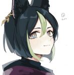  1boy animal_ear_fluff animal_ears black_hair blunt_ends bob_cut earrings fox_boy fox_ears genshin_impact gradient_eyes gradient_hair green_eyes green_hair highres hnnoo jewelry leaf_earrings looking_at_viewer male_focus multicolored_eyes multicolored_hair portrait short_hair simple_background single_earring solo streaked_hair tighnari_(genshin_impact) two-tone_hair white_background 