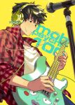 1boy artist_name bass_guitar black_eyes black_hair blue_pants cable collared_shirt commentary copyright_name ekubo_(mob_psycho_100) english_commentary guitar hair_between_eyes headphones holding holding_instrument holding_plectrum instrument kadeart kageyama_shigeo long_sleeves looking_down male_focus microphone microphone_stand mob_psycho_100 music open_clothes open_shirt pants parted_lips plaid plaid_shirt playing_instrument plectrum red_shirt shirt short_sleeves signature simple_background sleeves_rolled_up solo sweat white_shirt wing_collar yellow_background 