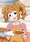  1girl animal_print apron blue_eyes blurry blurry_background blush breasts brown_hair chair collarbone curry curry_rice food frog_print green_scrunchie hair_ornament hair_scrunchie hands_up highres holding holding_plate idolmaster idolmaster_(classic) idolmaster_million_live! idolmaster_million_live!_theater_days indoors katsu_curry kitchen ladle long_hair long_sleeves open_mouth orange_apron pink_shirt plate print_apron rice scrunchie shirt small_breasts smile solo spatula takatsuki_yayoi the_end_of_chun tongs twintails 
