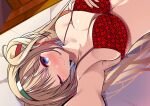  1girl absurdres azur_lane bed blonde_hair blue_eyes bra breasts cleavage dutch_angle gorizia_(azur_lane) highres italian_flag large_breasts long_hair lying on_back one_eye_closed origami_aya red_bra selfie smile underwear upper_body 