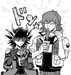  2boys belt bruno_(yu-gi-oh!) chopsticks closed_eyes cup cup_ramen eating elbow_pads facial_mark facial_tattoo food fudou_yuusei gloves greyscale happy high_collar highres holding holding_chopsticks holding_cup holding_food jacket male_focus marking_on_cheek monochrome multicolored_hair multiple_boys noodles open_clothes open_jacket pants ramen screentones shirt short_hair shoulder_pads sleeves_rolled_up sound_effects spiked_hair streaked_hair t-shirt tattoo youko-shima yu-gi-oh! yu-gi-oh!_5d&#039;s 