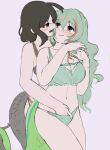  2girls behind_another black_eyes black_hair black_mamba_(kemono_friends) boomslang_(kemono_friends) bra breasts cleavage closed_mouth couple cowboy_shot fang fingering green_eyes green_hair hair_between_eyes hand_in_another&#039;s_panties hand_in_panties hands_up height_difference highres intertwined_tails kemono_friends large_breasts long_hair looking_at_another medium_hair multicolored_hair multiple_girls navel noha_(nohnd) open_mouth panties reach-around red_hair simple_background sketch skindentation smile snake_tail stomach tail two-tone_hair underwear white_background yuri 