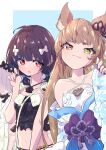  2girls animal_ears bag bare_shoulders black_shirt bow breasts brown_eyes brown_hair closed_mouth criss-cross_halter granblue_fantasy green_eyes hair_bobbles hair_bow hair_ornament hair_twirling halterneck hamioura hand_up hat_around_neck heterochromia highres japanese_clothes kimono long_hair looking_at_viewer midriff multiple_girls navel obi off_shoulder open_mouth pholia pholia_(yukata) red_eyes sash shirt short_hair short_twintails shoulder_bag sleeveless sleeveless_shirt small_breasts smile strapless strapless_shirt sweatdrop thick_eyebrows twintails upper_body vikala_(granblue_fantasy) vikala_(summer)_(granblue_fantasy) white_shirt yukata 