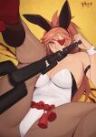  1girl animal_ears baiken breasts chain cleavage eyepatch guilty_gear heart heart_eyepatch high_heels highres incoming_attack looking_at_viewer nidhoggn pantyhose playboy_bunny rabbit_ears red_eyes red_hair 