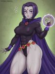  abs belt blush cheekie cloak covered_nipples dc_comics green_background hood hood_down leotard magic muscular muscular_female purple_hair raven_(dc) short_hair signature teen_titans thick_thighs thighs 