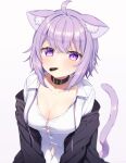  1girl ahoge belt_collar black_collar blush breasts cleavage collar food_in_mouth highres hololive jacket large_breasts looking_at_viewer medium_hair mouth_hold naked_shirt neck_ribbon nekomata_okayu nekomata_okayu_(4th_costume) official_alternate_costume pocky_day pocky_in_mouth purple_eyes purple_hair purple_jacket purple_ribbon ribbon shirt takashina_taaa virtual_youtuber white_shirt 