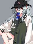  1girl baseball_cap black_headwear can figure_four_sitting g11_(girls&#039;_frontline) girls&#039;_frontline green_jacket grey_background grey_hair hat jacket long_hair long_sleeves messy_hair mouth_hold pixel_art red_bull simple_background sitting solo yiricannon 