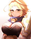  1girl absurdres ahoge armor blonde_hair blush breasts cape character_request cleavage closed_mouth dungeon_and_fighter gauntlets green_eyes hair_intakes highres holding hwaryeok large_breasts leotard looking_at_viewer pauldrons purple_scarf scarf short_hair shoulder_armor shoulder_pads simple_background solo strapless strapless_leotard stuffed_animal stuffed_toy teddy_bear upper_body white_background 