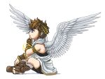  1boy ahoge angel_wings armband armor bare_shoulders black_shorts black_undershirt blue_eyes bracer brown_footwear brown_hair commentary_request feathered_wings from_side full_body fur_trim greaves kid_icarus laurel_crown looking_ahead male_focus naru_(wish_field) parted_lips pit_(kid_icarus) sandals scarf shadow short_hair shorts simple_background sitting solo thick_eyebrows toenails toga white_background white_scarf white_wings wings yellow_armband 