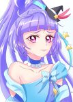  blue_choker blue_gemstone choker cure_magical cure_magical_(sapphire_style) folded_braid gem hat highres intertwined_hair izayoi_liko long_hair looking_at_viewer magical_girl mahou_girls_precure! mini_hat mini_witch_hat momotarouooi precure purple_eyes purple_hair upper_body witch_hat 