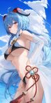  1girl absurdres ahoge bell bikini blue_hair blue_sky breasts chinese_knot cloud day from_side ganyu_(genshin_impact) genshin_impact goat_horns hand_on_own_hip highres horns k.j. large_breasts long_hair neck_bell ocean off_shoulder outdoors purple_eyes shirt sideboob sky solo swimsuit tassel thighs underboob very_long_hair vision_(genshin_impact) white_shirt 