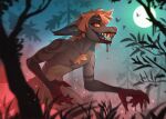 2023 artfight blood bodily_fluids claws detailed_background digital_media_(artwork) finger_claws forest full_moon hi_res lidded_eyes looking_at_viewer male moon night open_mouth outside plant sharp_teeth solo teeth tree unknown_species yakovlev-vad 