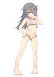  1girl absurdres alice_gear_aegis bikini brown_eyes flat_chest full_body gradient_hair hand_on_own_hip highres long_hair looking_at_viewer multicolored_hair navel shinonome_chie silver_bikini simple_background smile solo standing swimsuit white_background yashin_(yasinz) 