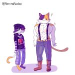  anthro boots bottomwear clothing denim denim_clothing domestic_cat duo ear_piercing epic_games felid feline felis female footwear fortnite hat headgear headwear hi_res jacket jeans male mammal meow_skulls_(fortnite) muscular muscular_male overalls pants piercing renita_reed simple_background smile tail topwear white_background 