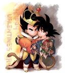  2boys armor black_hair blue_bodysuit bodysuit boots bouquet carrying carrying_person chest_armor child closed_mouth crown dougi dragon_ball dragon_ball_z flower gloves highres holding holding_bouquet looking_at_another male_child male_focus monkey_tail multiple_boys princess_carry rose saiyan_armor scharlachrotn short_hair son_goku spiked_hair tail vegeta white_gloves 