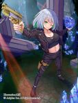  1girl ;) absurdres artist_name black_footwear black_jacket black_pants black_shirt breasts build_divide cleavage copyright from_above full_body green_eyes green_hair gun highres holding holding_gun holding_skull holding_weapon holster jacket leather leather_jacket medium_breasts midriff multicolored_hair navel official_art one_eye_closed pants rgrey00 shirt short_hair skull smile solo thigh_holster two-tone_hair weapon white_hair 