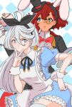  2girls :o ahoge alice_(alice_in_wonderland) alice_(alice_in_wonderland)_(cosplay) alice_in_wonderland apron blue_dress blue_eyes cosplay dark-skinned_female dark_skin dress frilled_dress frills grey_eyes grey_hair gundam gundam_suisei_no_majo hair_ribbon hairband hat highres holding holding_teapot long_hair mini_hat mini_top_hat miorine_rembran monocle multiple_girls ninida red_hair ribbon suletta_mercury teapot top_hat white_rabbit_(alice_in_wonderland) white_rabbit_(alice_in_wonderland)_(cosplay) wrist_cuffs 