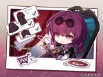  1girl chair chibi closed_mouth copyright_name crossed_legs cup drinking_glass earrings holding holding_cup honkai:_star_rail honkai_(series) jewelry kafka_(honkai:_star_rail) magazine_(object) official_art ponytail purple_eyes purple_hair shopping sitting smile solo upper_body wine_glass 