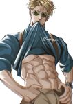  1boy abs blonde_hair clothes_in_mouth collared_shirt cowboy_shot goggles highres jujutsu_kaisen large_pectorals lifted_by_self long_sleeves male_focus mayo_(myaoruki) mouth_hold muscular muscular_male nanami_kento pectorals shirt shirt_in_mouth short_hair solo underpec 