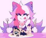  anthro arthropod big_pred clothing collar crustacean cutlery dexechii_(artist) domestic_cat duo felid feline felis female female/female fork fur hair hi_res imminent_oral_vore imminent_vore jacket kitchen_utensils knife mammal marine pink_background plate purple_body purple_fur purple_hair red_hair shrimp simple_background tongue tongue_out tools topwear unwilling_prey vore white_hair 