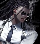  1boy artist_name black_eyes black_hair black_necktie chest_harness cigarette close-up collared_shirt dark-skinned_male dark_skin dreadlocks earrings harness jewelry koshika_rina looking_at_viewer male_focus necktie original portrait shirt smoke solo sunglasses white_shirt 