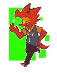  4_fingers anthro anthrofied artist_logo bandai_namco bodily_fluids bottomwear clothing digimon digimon_(species) eyes_closed fingers footwear green_background hi_res ionicisaac logo pants red_body shoes shoutmon simple_background sneakers sweater tears tired topwear white_background 