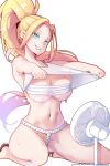  1girl beatrix_amerhauser blonde_hair blue_eyes breasts chest_sarashi clenched_teeth commentary electric_fan english_commentary fundoshi highres hot hot_vr japanese_clothes large_breasts lifted_by_self long_hair navel patreon_username ponytail sarashi shirt simple_background sitting smile solo sweat teeth thighs white_background white_shirt zom_100:_zombie_ni_naru_made_ni_shitai_100_no_koto 