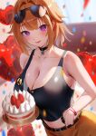  1girl absurdres balloon bare_arms bare_shoulders belt black_belt black_choker blush breasts cake choker cleavage collarbone commission confetti eyewear_on_head food fruit girls&#039;_frontline grizzly_mkv_(girls&#039;_frontline) heart_balloon highres large_breasts looking_at_viewer medium_hair orange_hair parted_lips pixiv_commission purple_eyes rororo smile solo strawberry sunglasses 
