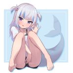  1girl absurdres bare_legs barefoot between_legs black_bra black_shorts blue_background blue_eyes blue_hair blunt_bangs blush bra commentary covering covering_crotch eyelashes feet fins fish_tail full_body gawr_gura grey_hair hair_ornament hand_between_legs hand_up head_tilt highres hirotaka0125 hololive hololive_english knees_up multicolored_hair off_shoulder ok_sign open_mouth partially_visible_vulva shark_girl shark_hair_ornament shark_tail shirt shorts single_bare_shoulder solo streaked_hair t-shirt tail thighs toenails toes two_side_up underwear virtual_youtuber 