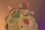  2023 anthro beard big_muscles black_eyes blush body_hair bowser breath chest_hair facial_hair gradient_background green_body green_scales grey_body grey_scales grin hair half-closed_eyes hi_res koopa male mario_bros muscular muscular_anthro muscular_male narrowed_eyes nintendo nude orange_body orange_scales red_hair scales scalie shell simple_background smile solo spiked_shell spikes spikes_(anatomy) toro_artz yellow_body yellow_scales 