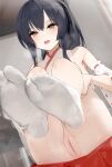  1girl aos bare_shoulders black_hair blush breasts brown_eyes censored detached_sleeves dutch_angle feet feet_up foot_focus foreshortening highres hugging_own_legs indoors japanese_clothes knees_up large_breasts legs long_hair looking_at_viewer miko mole mole_under_eye mosaic_censoring no_panties no_shoes on_ground open_mouth original ponytail pussy red_skirt shiny_skin sideboob sidelocks sitting skirt sleeveless smile socks soles solo sweat tabi teeth thighs toes white_socks 